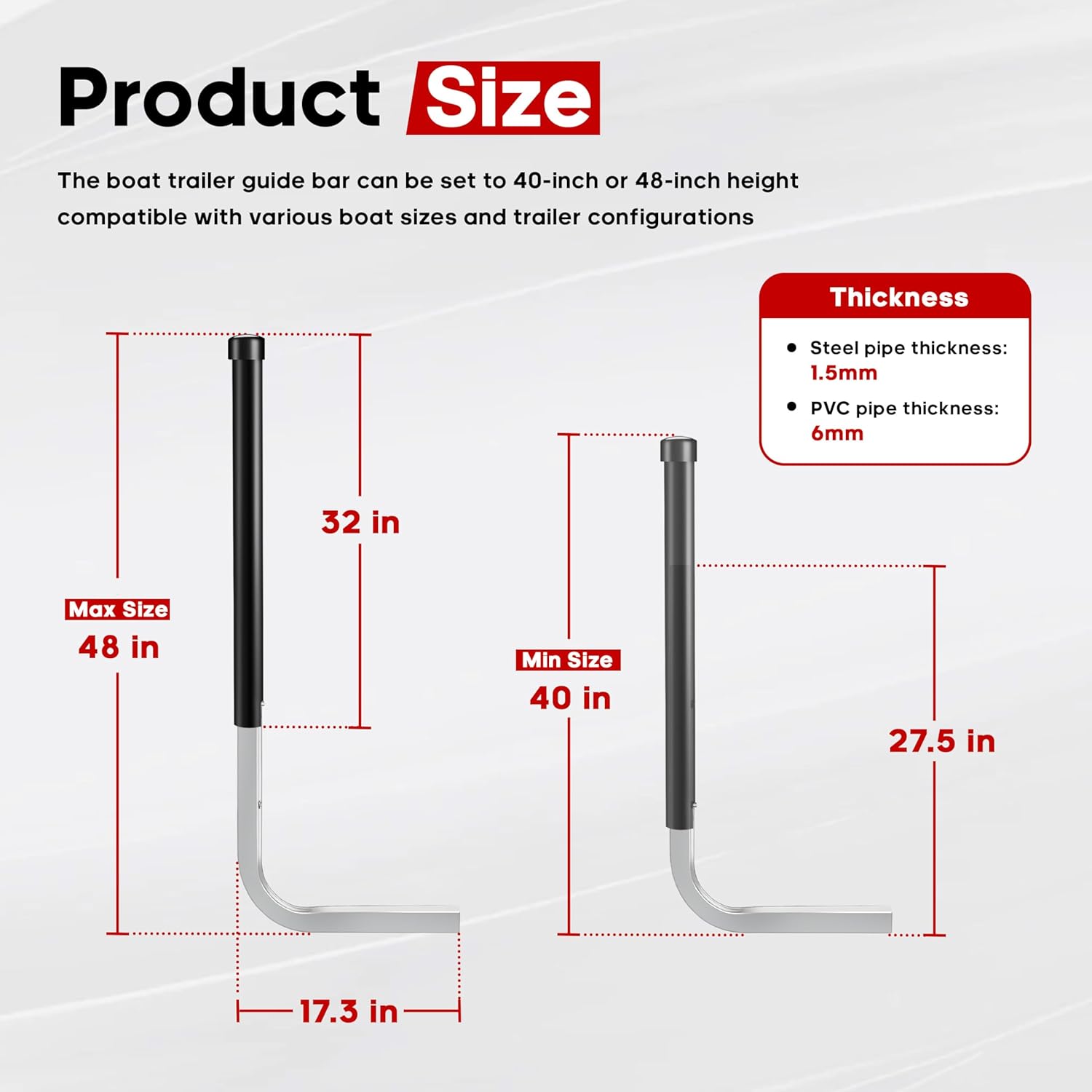 40/48 Adjustable Boat Trailer Guide-ons, Rustproof Electro-Galvanized Steel Trailer Guides, Boat Trailer Guides Poles with Black PVC Pipes Fit for Ski Boat, Fishing Boat, Sailboat Trailer 2PCS